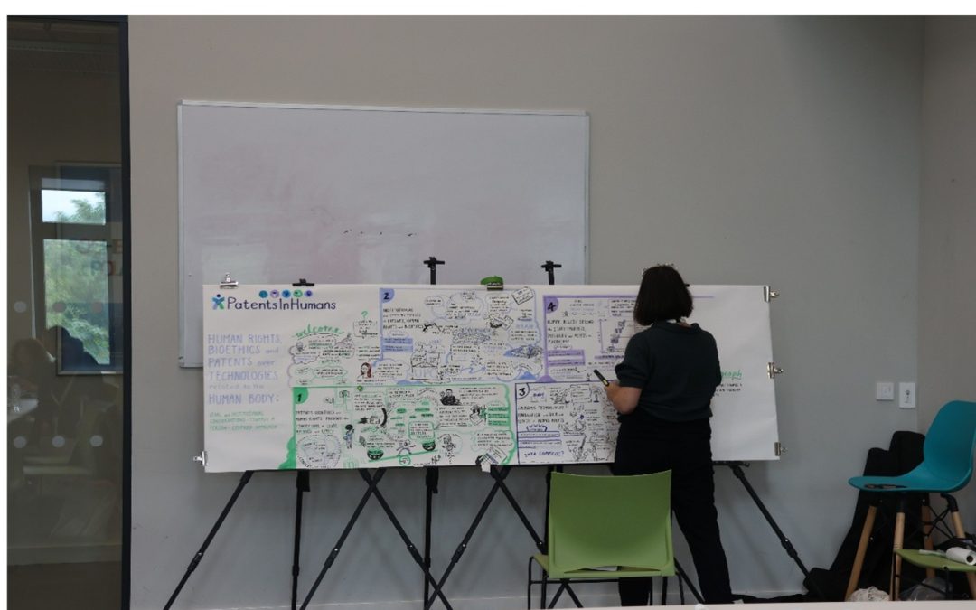 ERC PatentsInHumans project launches graphic recording artwork created by Eimear McNally of key themes explored at project workshop on human rights, bioethics and patents.